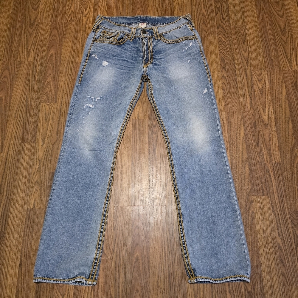 True Religion Men's Jeans 36 Blue Distressed Super T Yellow Stitch Y2K USA Made